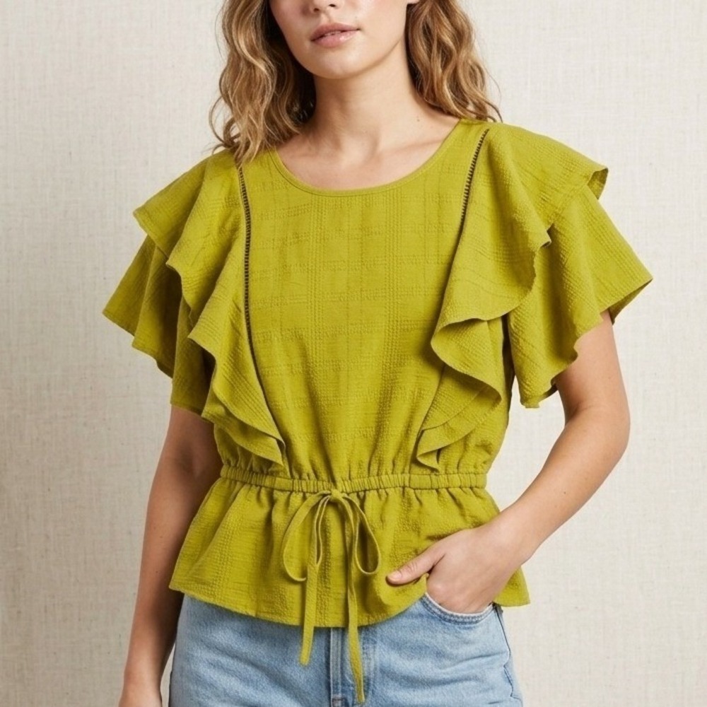Sweet Rain Chartreuse Olive Green Flutter Sleeve Peplum Top Boho Coquette Small